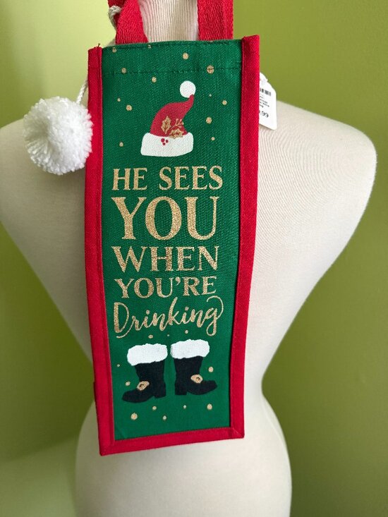 Holiday Christmas Wine Bag He Sees You When You’re Drinking Gift Tote - Picture 1 of 4